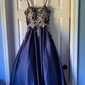 Betsy & Adam Navy/Gold Embroidered Strapless Gown